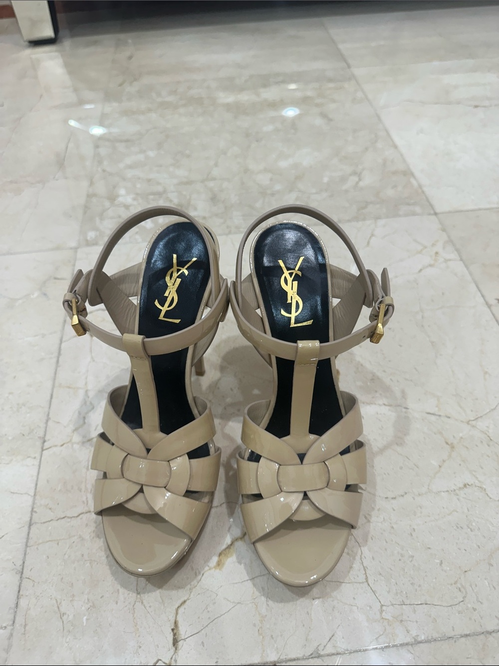 Authentic Yves Saint Laurent Beige Patent Leather T-Strap Knot Heels